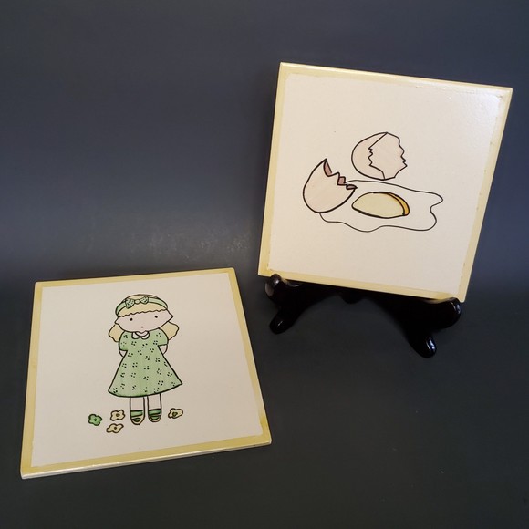 2 Portuguese Tile Trivet Pot Rests Vtg 70s Minimalist Pop Art Cartoon Gr… - Picture 7 of 11